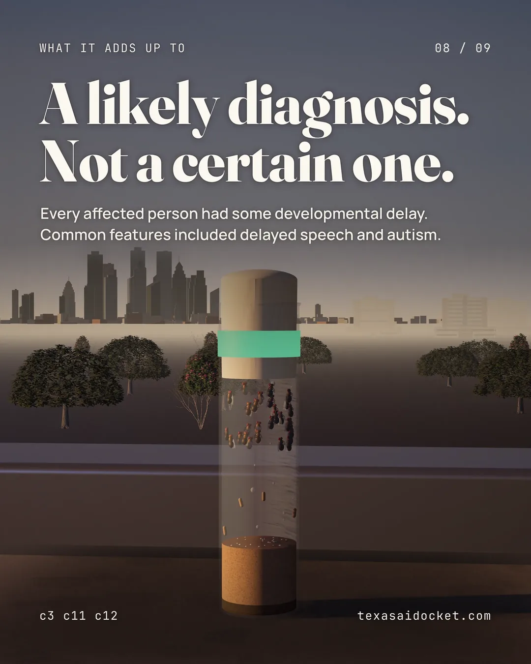 A likely diagnosis. Not a certain one. Every affected person had some developmental delay. Common features included delayed speech and autism.