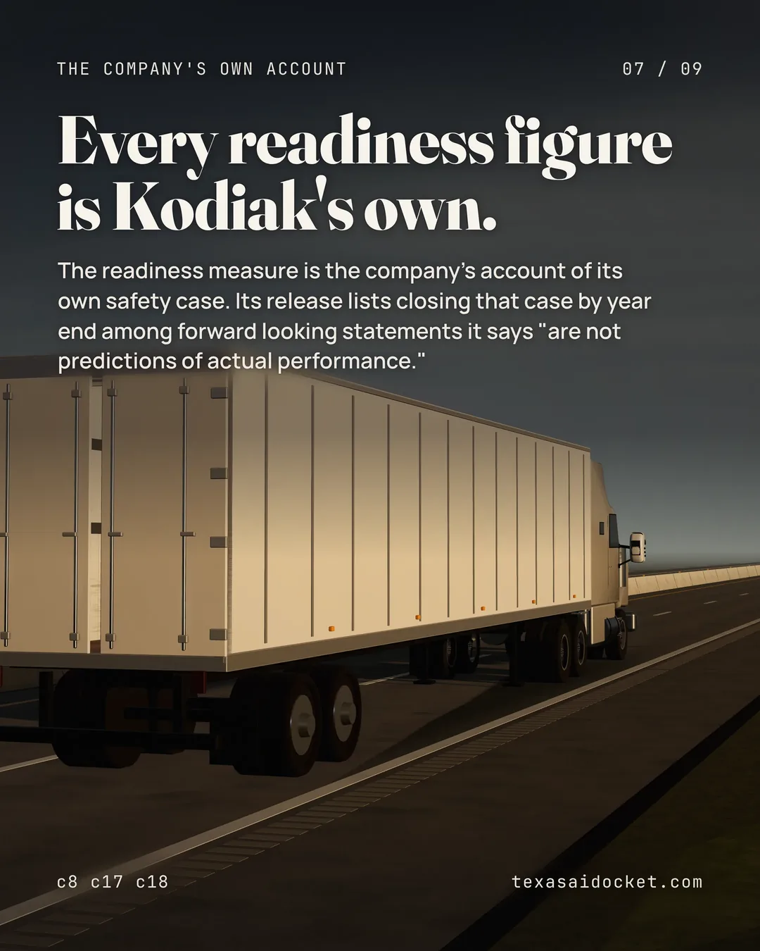 Every readiness figure is Kodiak's own. The readiness measure is the company's account of its own safety case. Its release lists closing that case by year end among forward looking statements it says "are not predictions of actual performance."