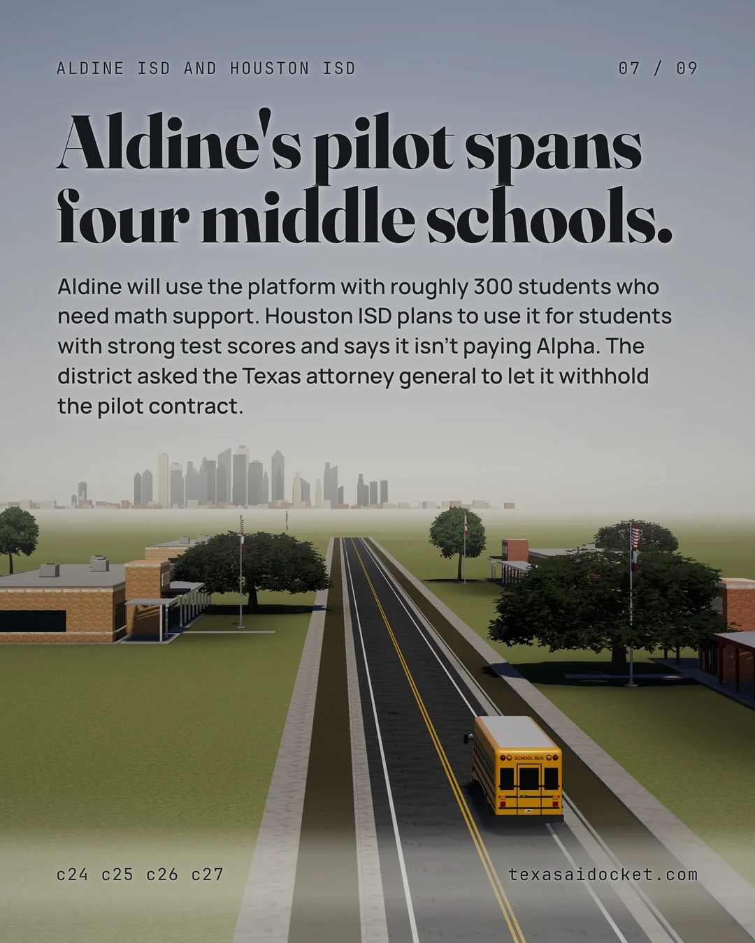 Aldine's pilot spans four middle schools. Aldine will use the platform with roughly 300 students who need math support. Houston ISD plans to use it for students with strong test scores and says it isn't paying Alpha. The district asked the Texas attorney general to let it withhold the pilot contract.