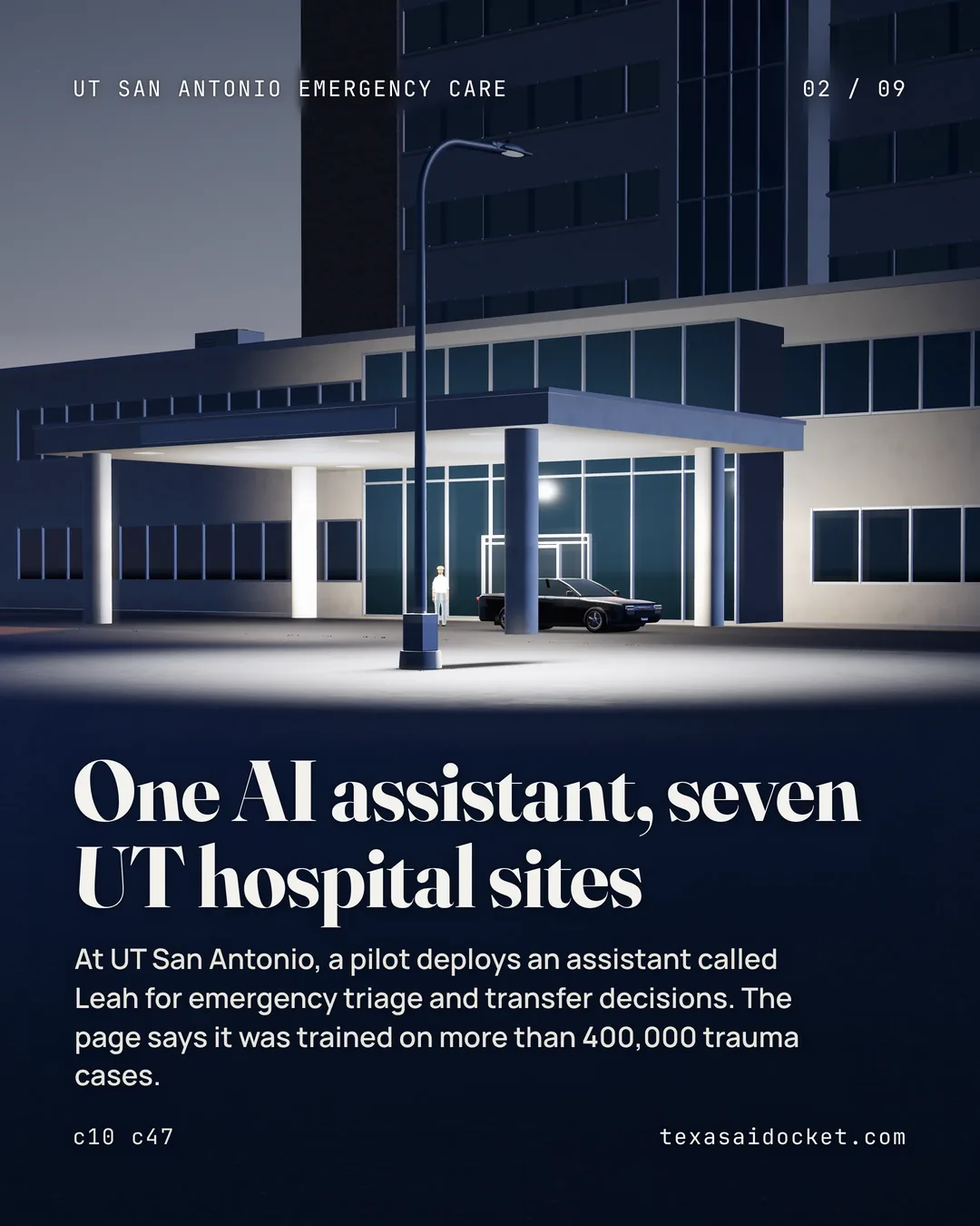 At UT San Antonio, a pilot deploys an assistant called Leah for emergency triage and transfer decisions. The page says it was trained on more than 400,000 trauma cases.