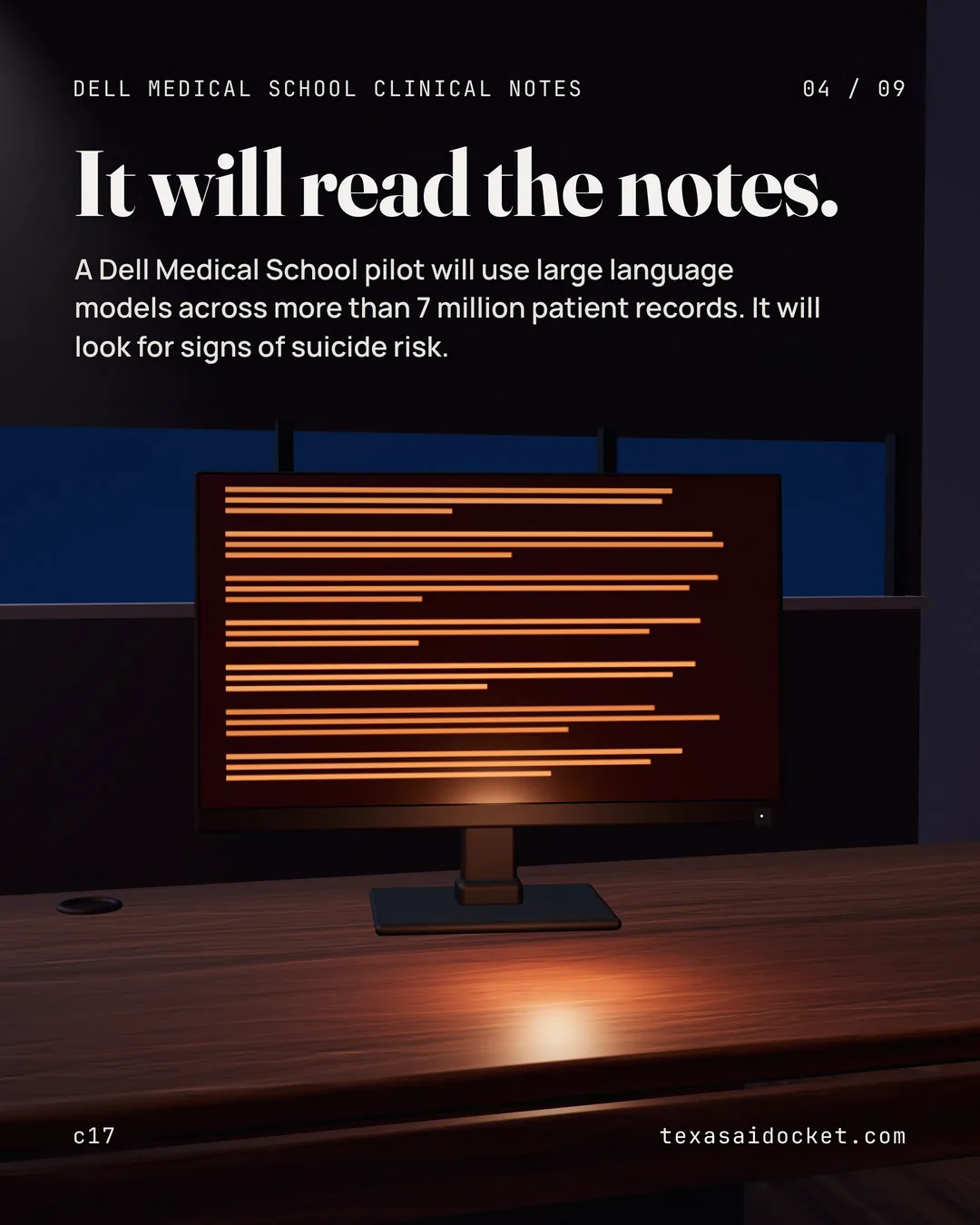 It will read the notes. A Dell Medical School pilot will use large language models across more than 7 million patient records. It will look for signs of suicide risk.