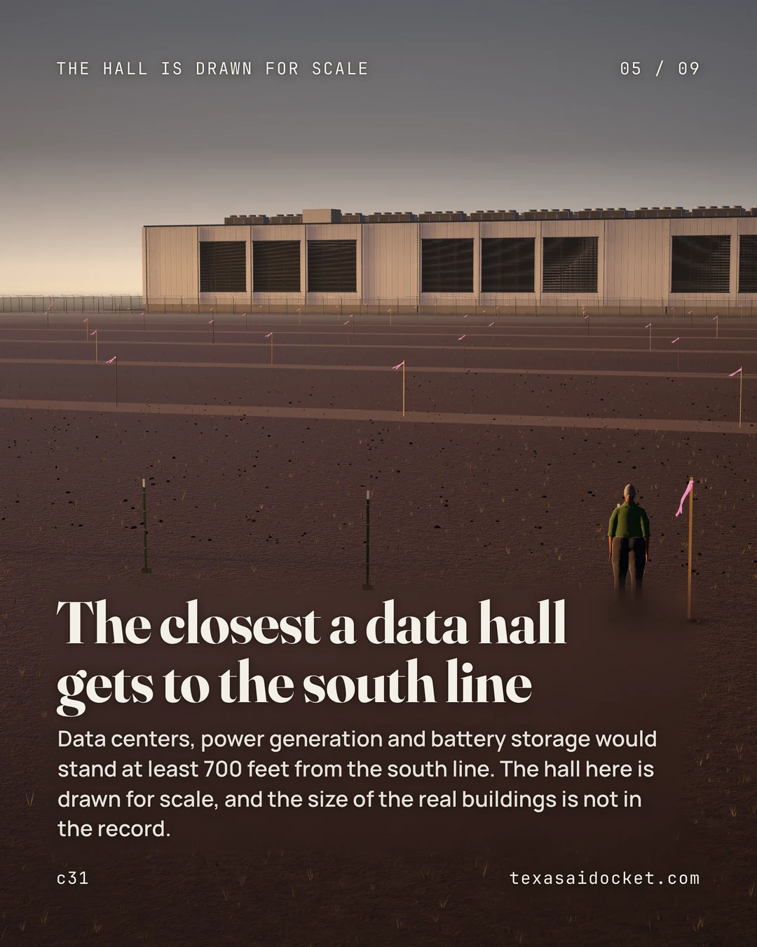 Data centers, power generation and battery storage would stand at least 700 feet from the south line. The hall here is drawn for scale, and the size of the real buildings is not in the record.