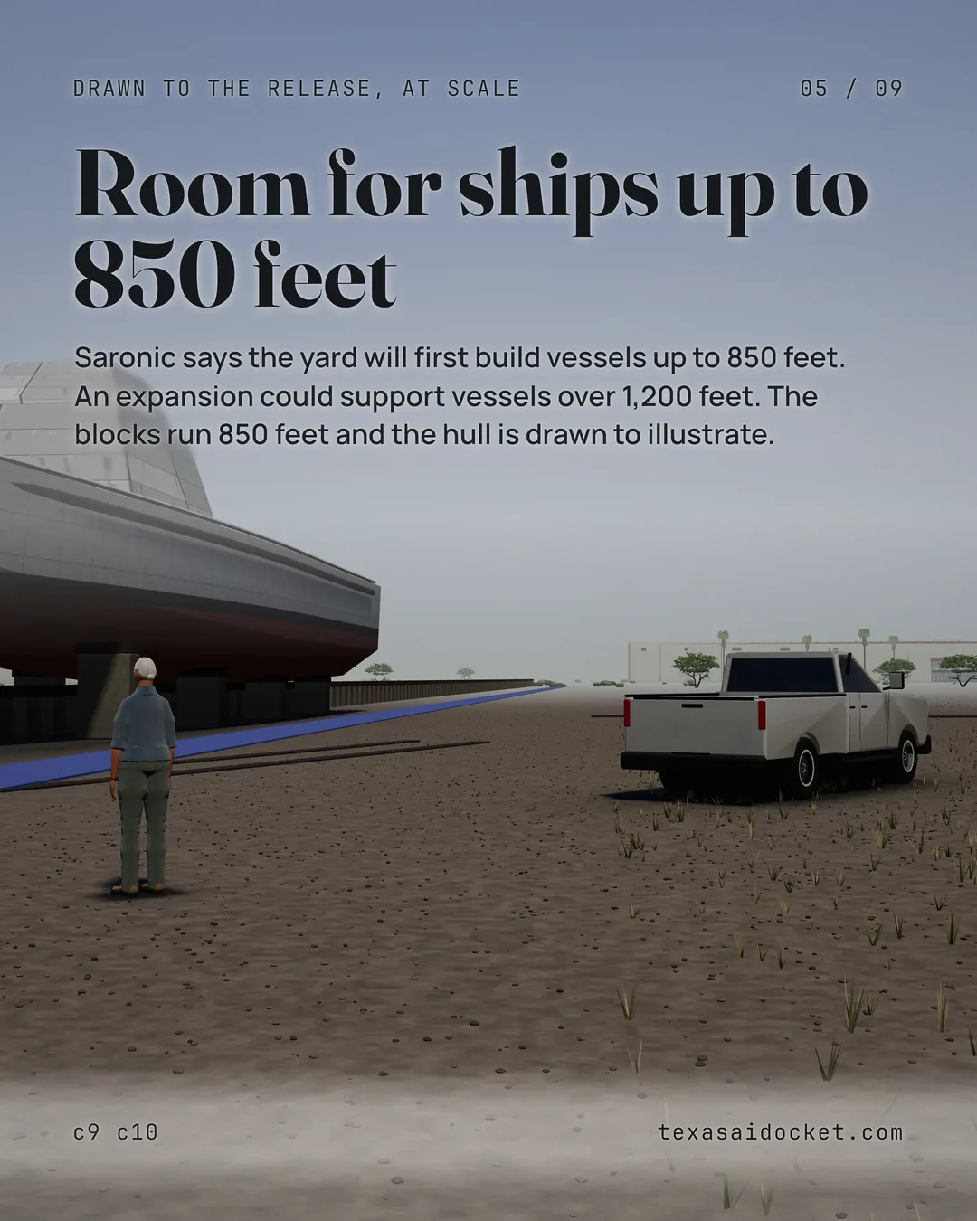 Saronic says the yard will first build vessels up to 850 feet. An expansion could support vessels over 1,200 feet. The blocks run 850 feet and the hull is drawn to illustrate.
