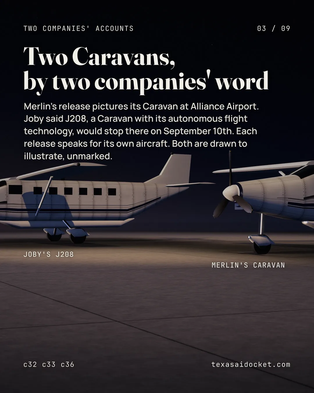 Merlin's release pictures its Caravan at Alliance Airport. Joby said J208, a Caravan with its autonomous flight technology, would stop there on September 10th. Each release speaks for its own aircraft. Both are drawn to illustrate, unmarked.