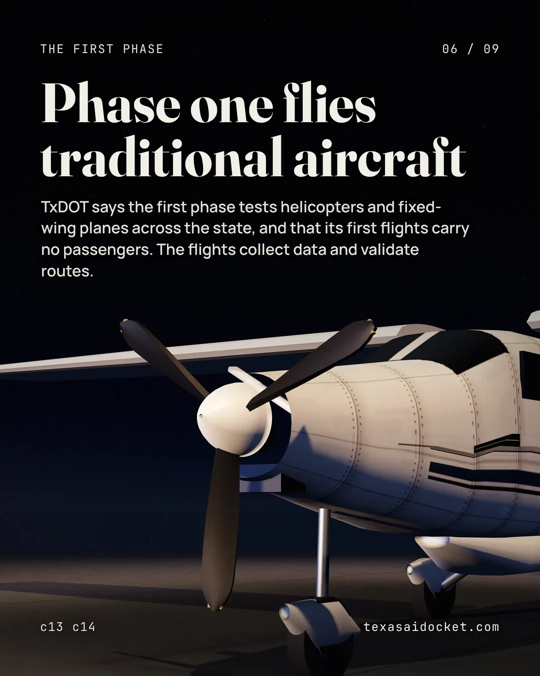 TxDOT says the first phase tests helicopters and fixed-wing planes across the state, and that its first flights carry no passengers. The flights collect data and validate routes.