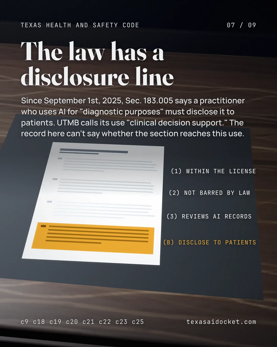 Since September 1st, 2025, Sec. 183.005 says a practitioner who uses AI for "diagnostic purposes" must disclose it to patients. UTMB calls its use "clinical decision support." The record here can't say whether the section reaches this use.