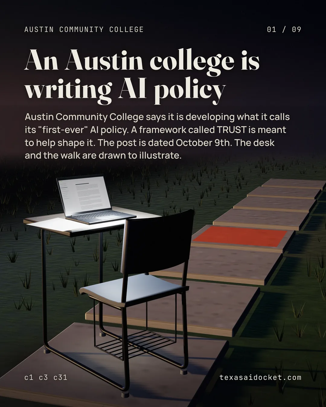 Austin Community College says it is developing what it calls its "first-ever" AI policy. A framework called TRUST is meant to help shape it. The post is dated October 9th. The desk and the walk are drawn to illustrate.