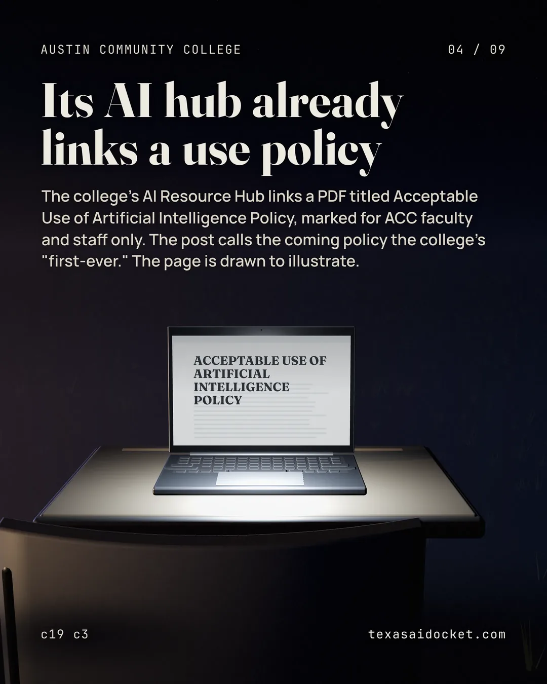 The college's AI Resource Hub links a PDF titled Acceptable Use of Artificial Intelligence Policy, marked for ACC faculty and staff only. The post calls the coming policy the college's "first-ever." The college's AI Resource Hub links a PDF titled Acceptable Use of Artificial Intelligence Policy, marked for ACC faculty and staff only. The post calls the coming policy the college's "first-ever." The page is drawn to illustrate.