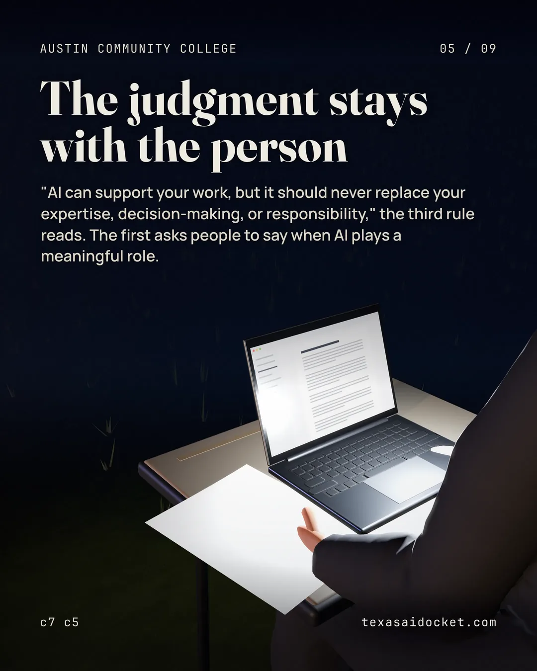 "AI can support your work, but it should never replace your expertise, decision-making, or responsibility," the third rule reads. The first asks people to say when AI plays a meaningful role.