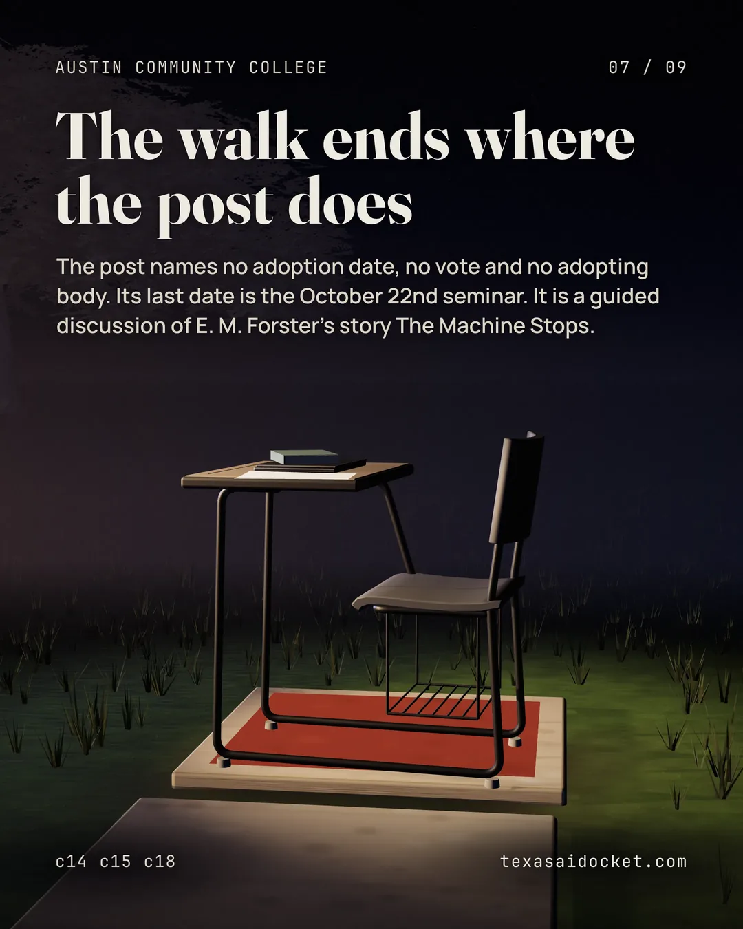 The post names no adoption date, no vote and no adopting body. Its last date is the October 22nd seminar. It is a guided discussion of E. M. Forster's story The Machine Stops.