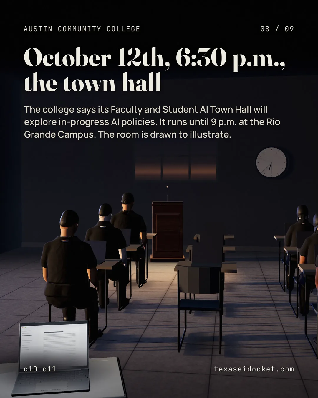 The college says its Faculty and Student AI Town Hall will explore in-progress AI policies. It runs until 9 p.m. at the Rio Grande Campus. The room is drawn to illustrate.