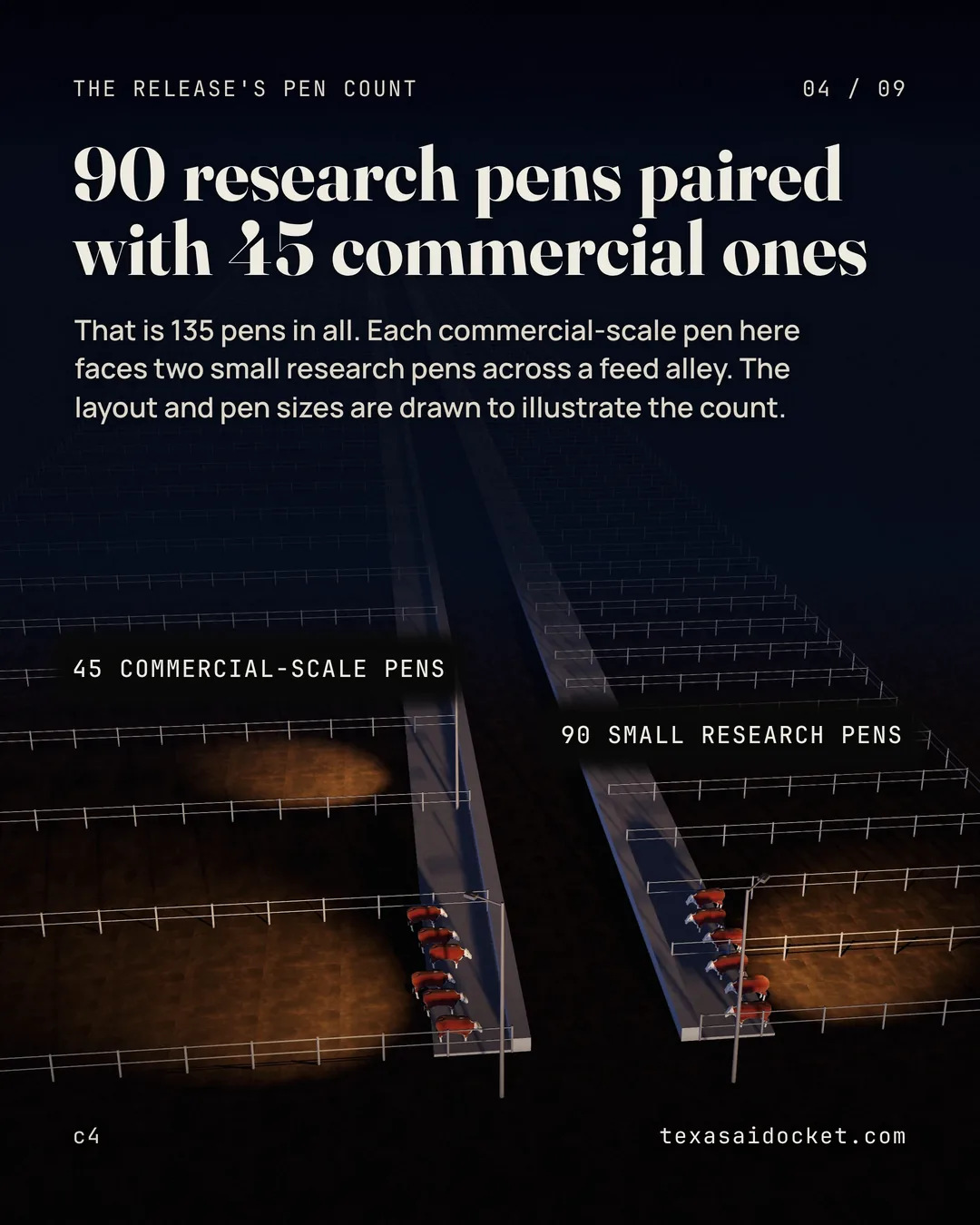That is 135 pens in all. Each commercial-scale pen here faces two small research pens across a feed alley. The layout and pen sizes are drawn to illustrate the count.