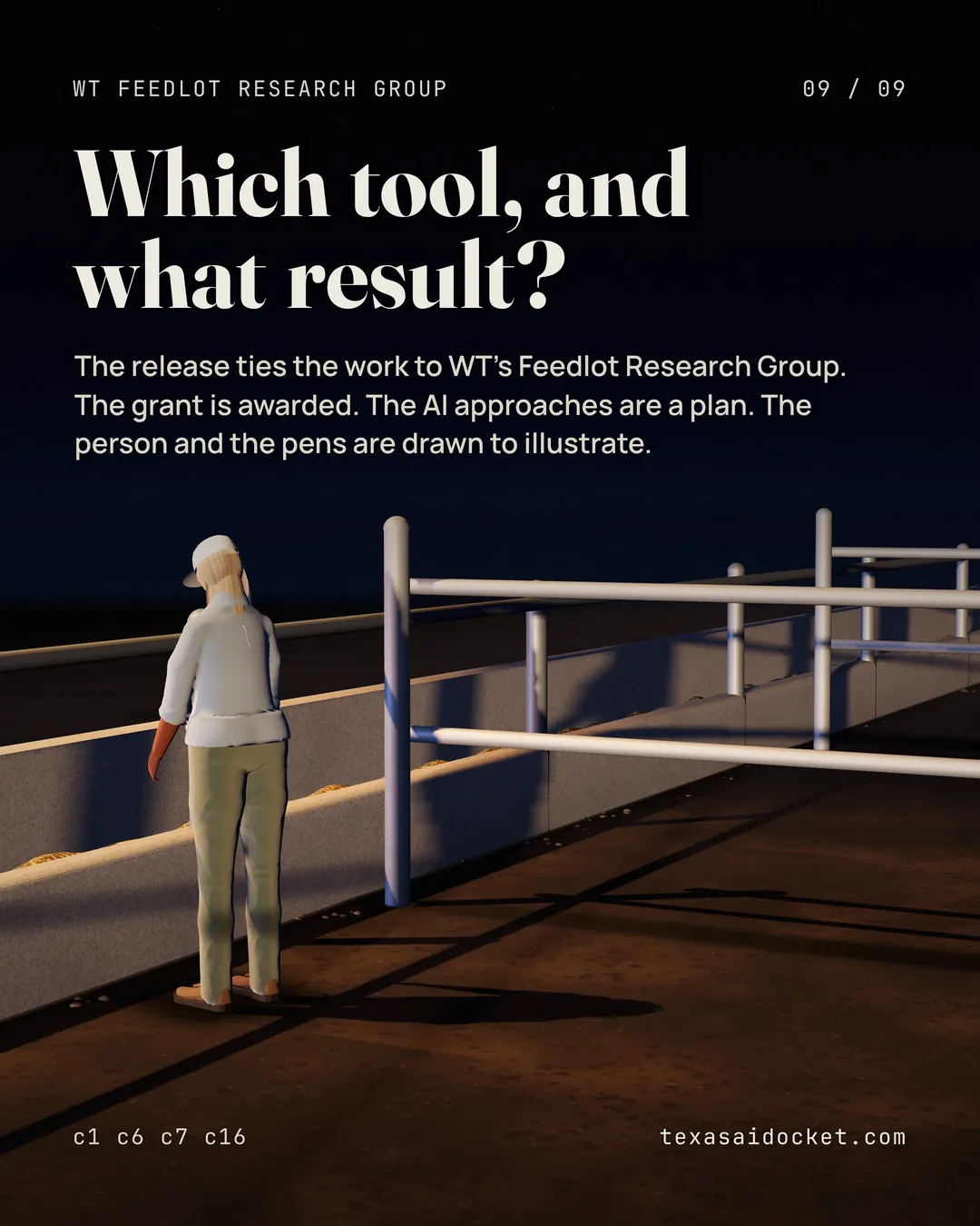 Which tool, and what result? The release ties the work to WT's Feedlot Research Group. The grant is awarded. The AI approaches are a plan. The person and the pens are drawn to illustrate.