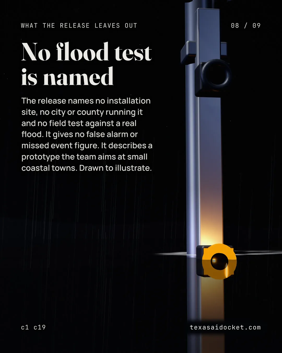 The release names no installation site, no city or county running it and no field test against a real flood. It gives no false alarm or missed event figure. It describes a prototype the team aims at small coastal towns. Drawn to illustrate.
