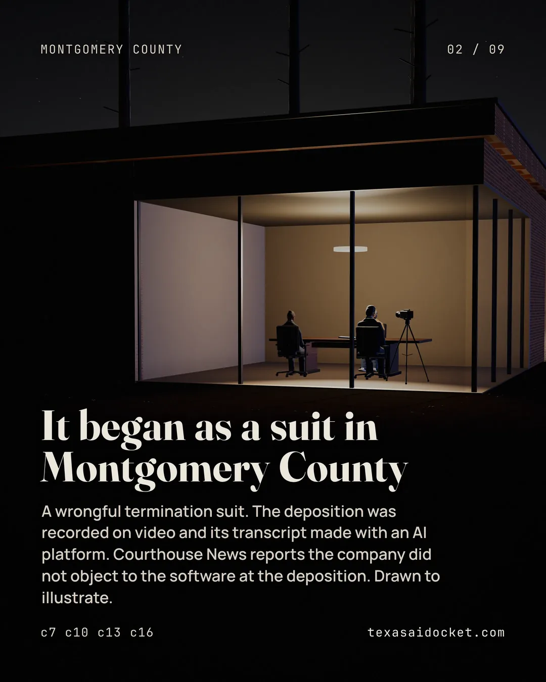 A wrongful termination suit. The deposition was recorded on video and its transcript made with an AI platform. Courthouse News reports the company did not object to the software at the deposition. Drawn to illustrate.