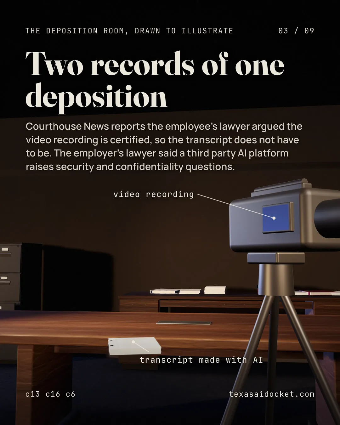 Courthouse News reports the employee's lawyer argued the video recording is certified, so the transcript does not have to be. The employer's lawyer said a third party AI platform raises security and confidentiality questions.
