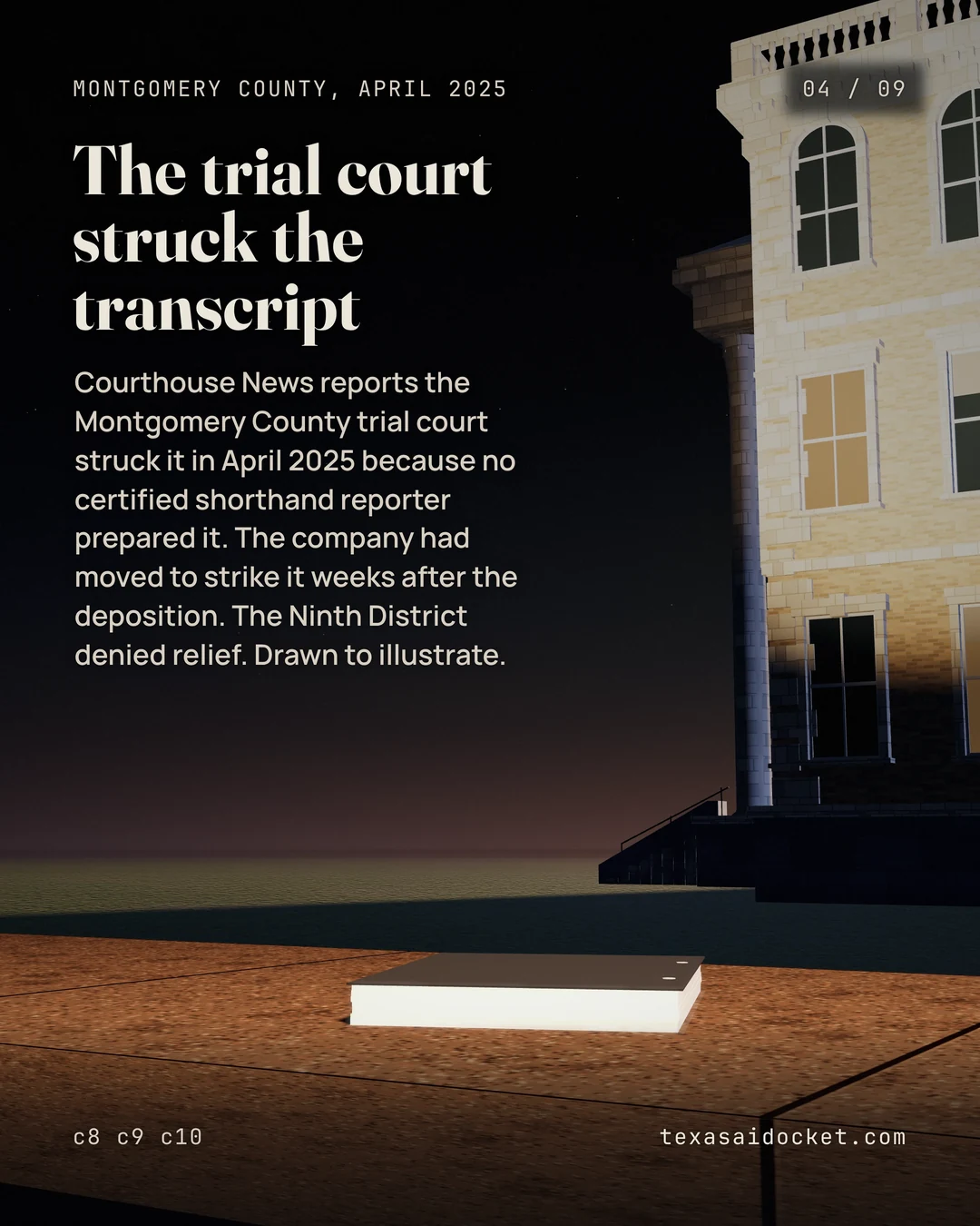Courthouse News reports the Montgomery County trial court struck it in April 2025 because no certified shorthand reporter prepared it. The company had moved to strike it weeks after the deposition. The Ninth District denied relief. Drawn to illustrate.