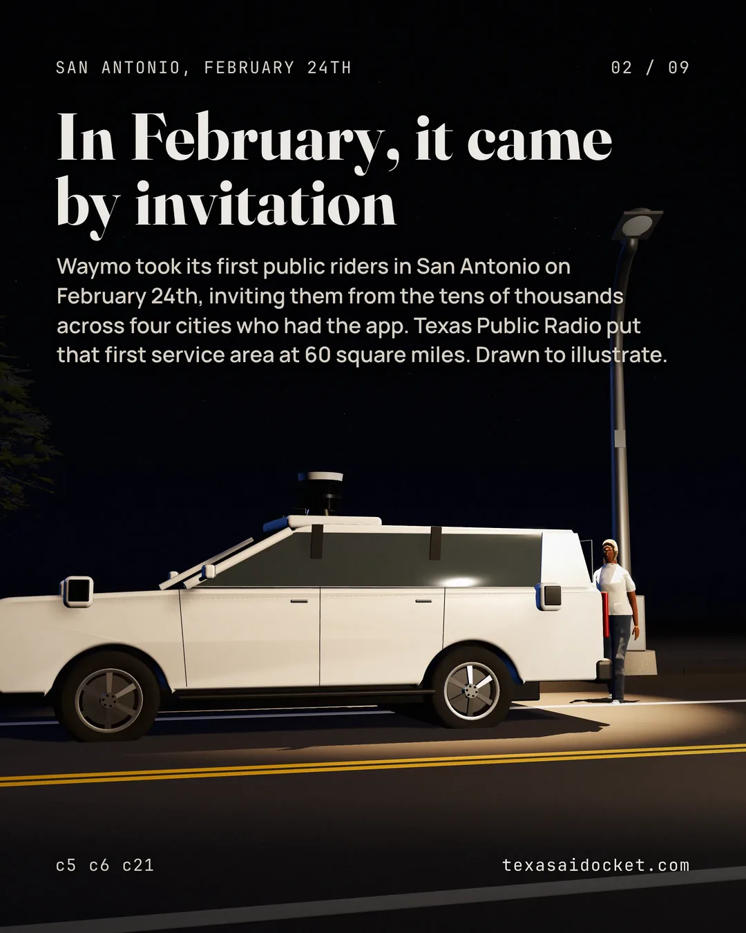 Waymo took its first public riders in San Antonio on February 24th, inviting them from the tens of thousands across four cities who had the app. Texas Public Radio put that first service area at 60 square miles. Drawn to illustrate.