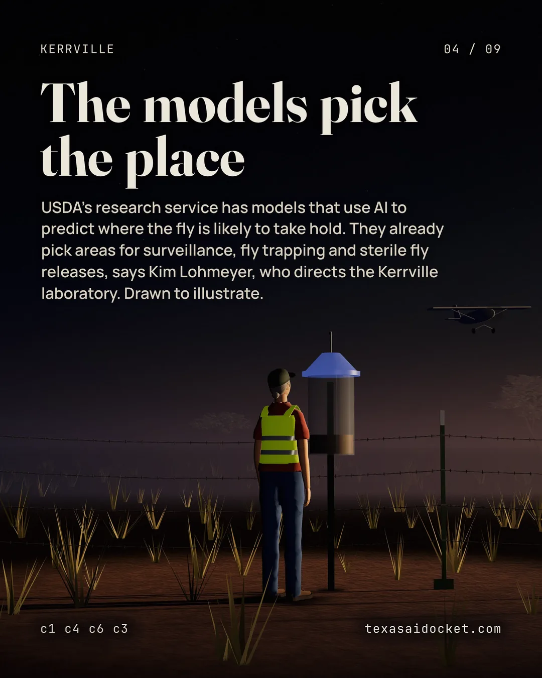 USDA's research service has models that use AI to predict where the fly is likely to take hold. They already pick areas for surveillance, fly trapping and sterile fly releases, says Kim Lohmeyer, who directs the Kerrville laboratory. Drawn to illustrate.