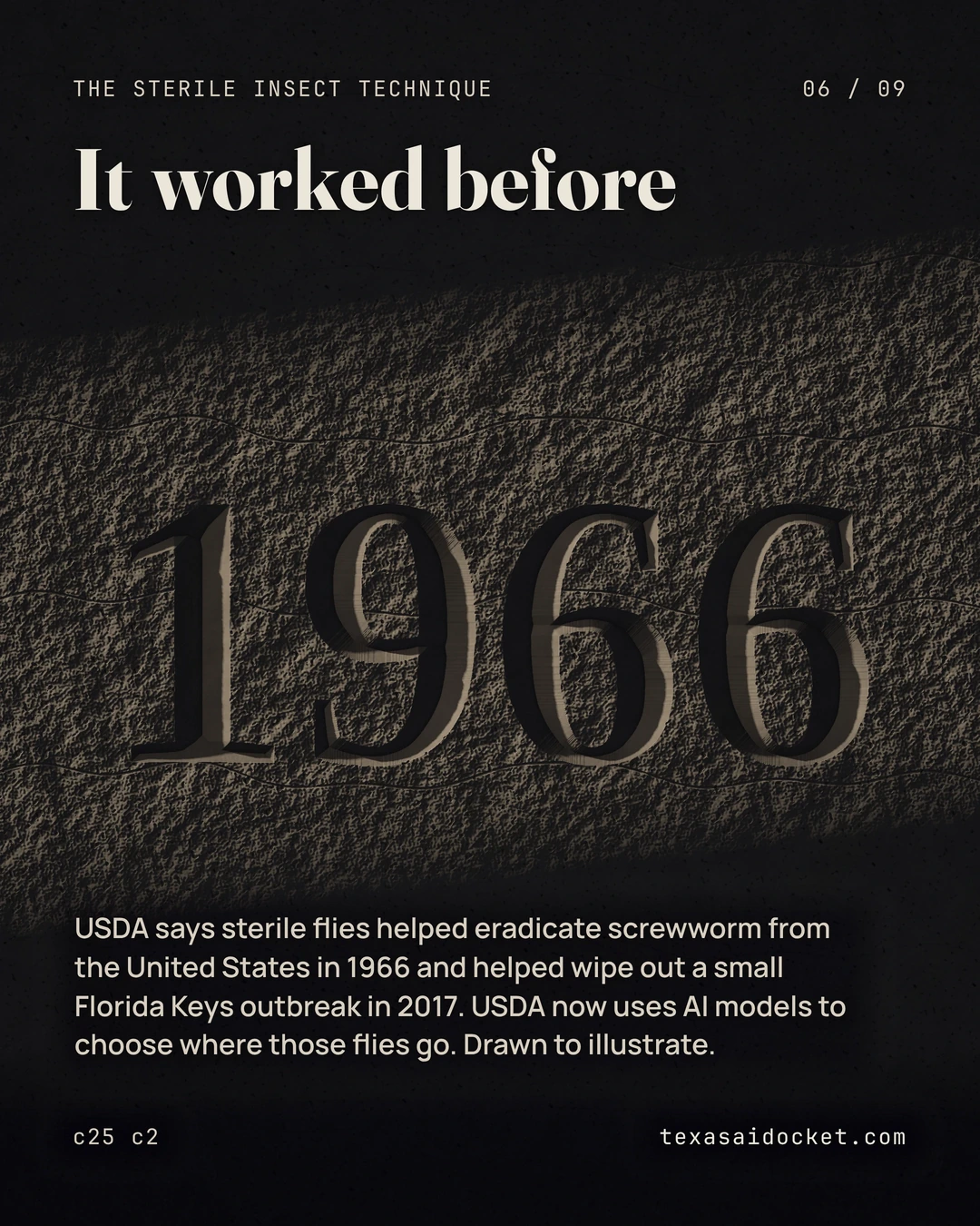 USDA says sterile flies helped eradicate screwworm from the United States in 1966 and helped wipe out a small Florida Keys outbreak in 2017. USDA now uses AI models to choose where those flies go. Drawn to illustrate.
