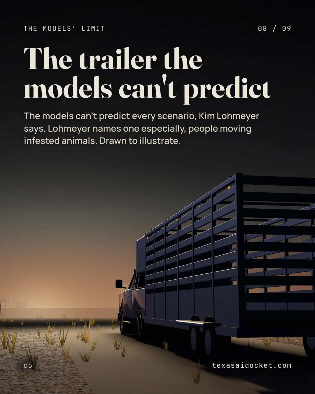 The models can't predict every scenario, Kim Lohmeyer says. Lohmeyer names one especially, people moving infested animals. Drawn to illustrate.