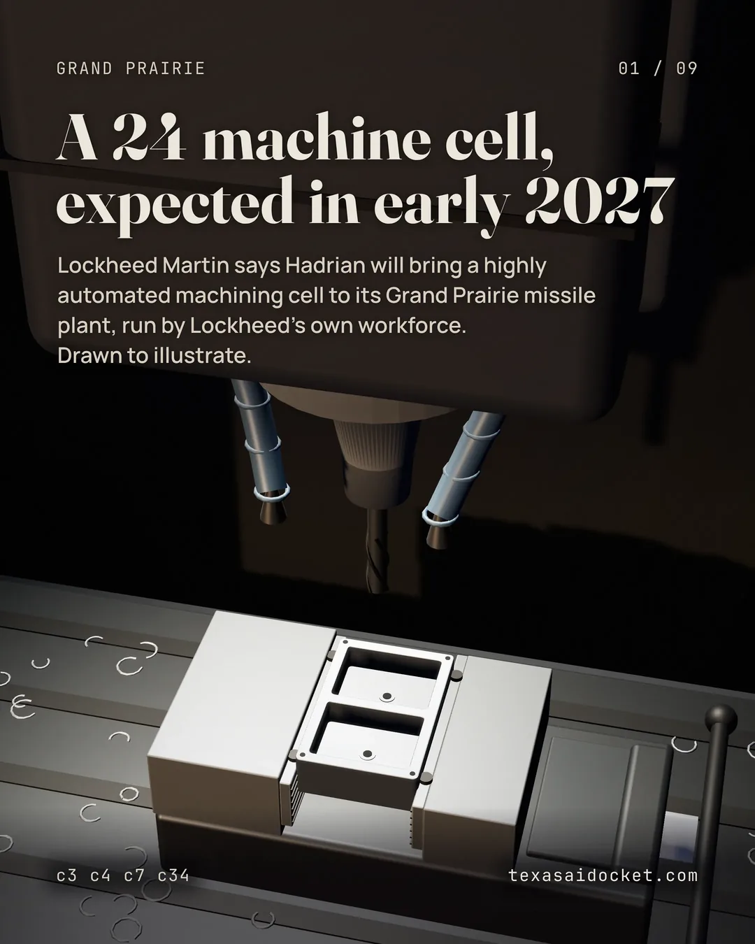 Lockheed Martin says Hadrian will bring a highly automated machining cell to its Grand Prairie missile plant, run by Lockheed's own workforce. Drawn to illustrate.