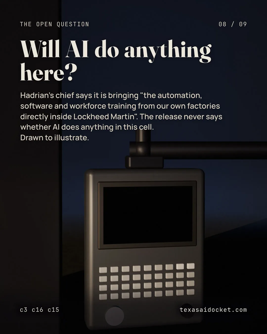 Will AI do anything here? Hadrian's chief says it is bringing "the automation, software and workforce training from our own factories directly inside Lockheed Martin". The release never says whether AI does anything in this cell. Drawn to illustrate.