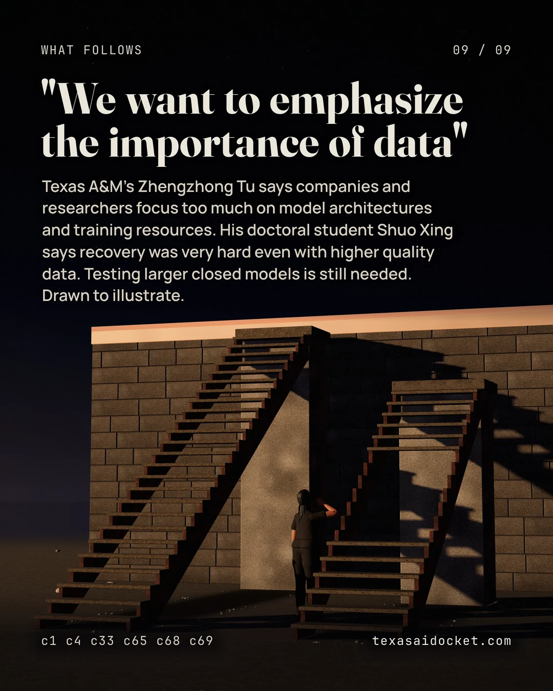 Texas A&M's Zhengzhong Tu says companies and researchers focus too much on model architectures and training resources. His doctoral student Shuo Xing says recovery was very hard even with higher quality data. Testing larger closed models is still needed. Drawn to illustrate.