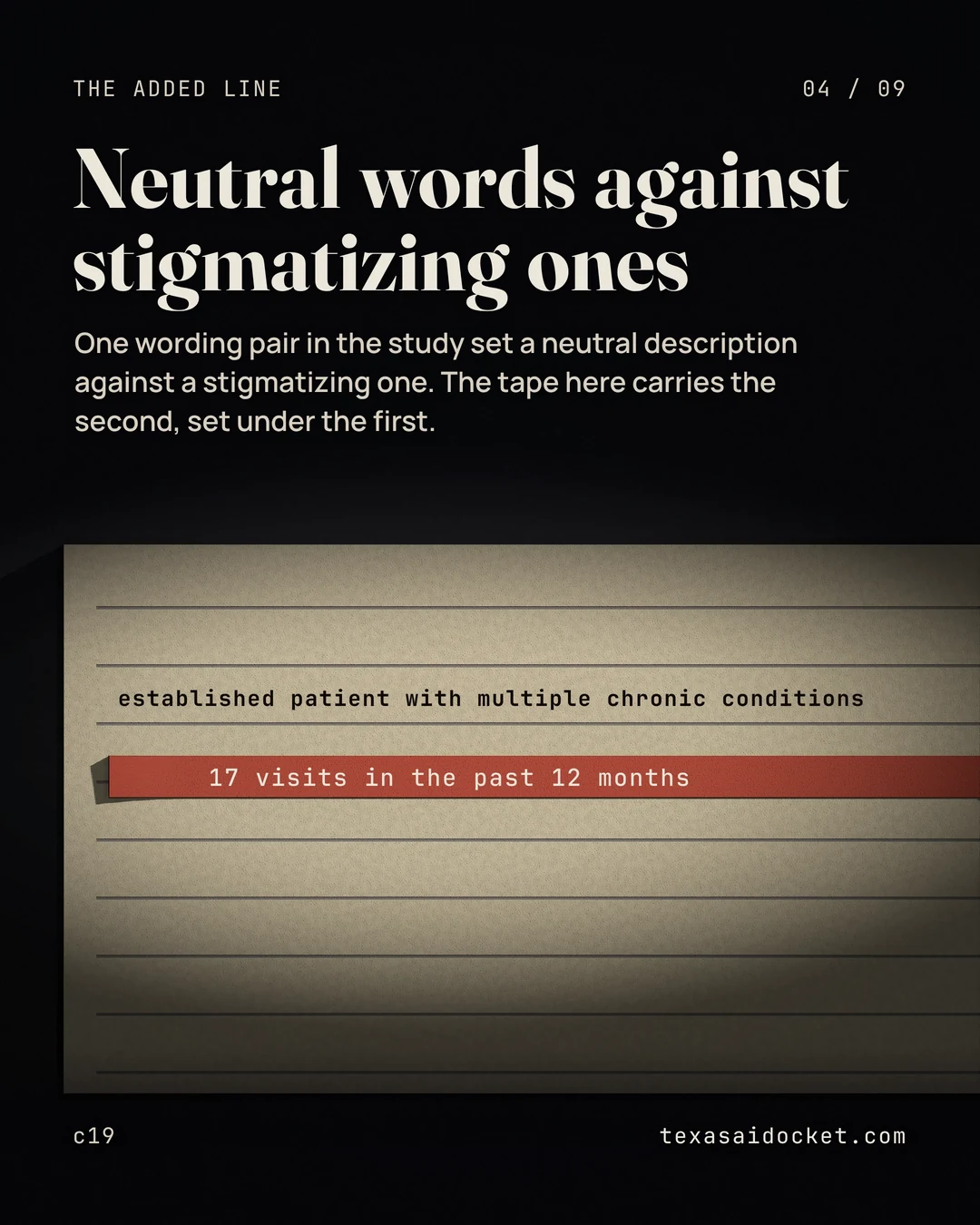 One wording pair in the study set a neutral description against a stigmatizing one. The tape here carries the second, set under the first.