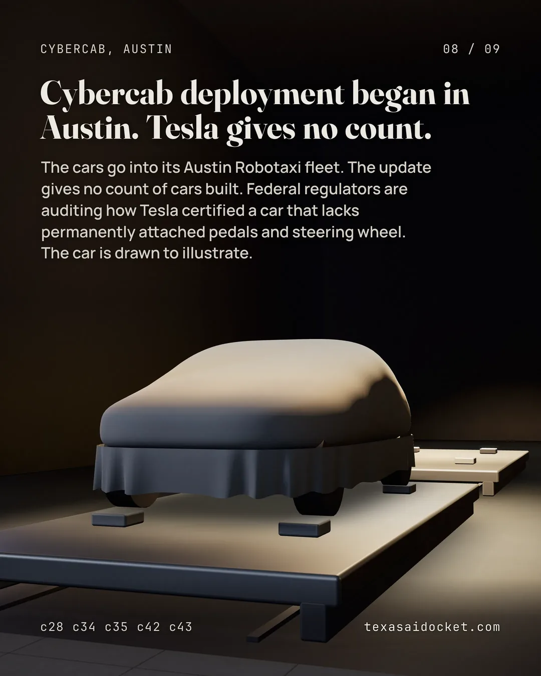Cybercab deployment began in Austin. Tesla gives no count. The cars go into its Austin Robotaxi fleet. The update gives no count of cars built. Federal regulators are auditing how Tesla certified a car that lacks permanently attached pedals and steering wheel. The car is drawn to illustrate.