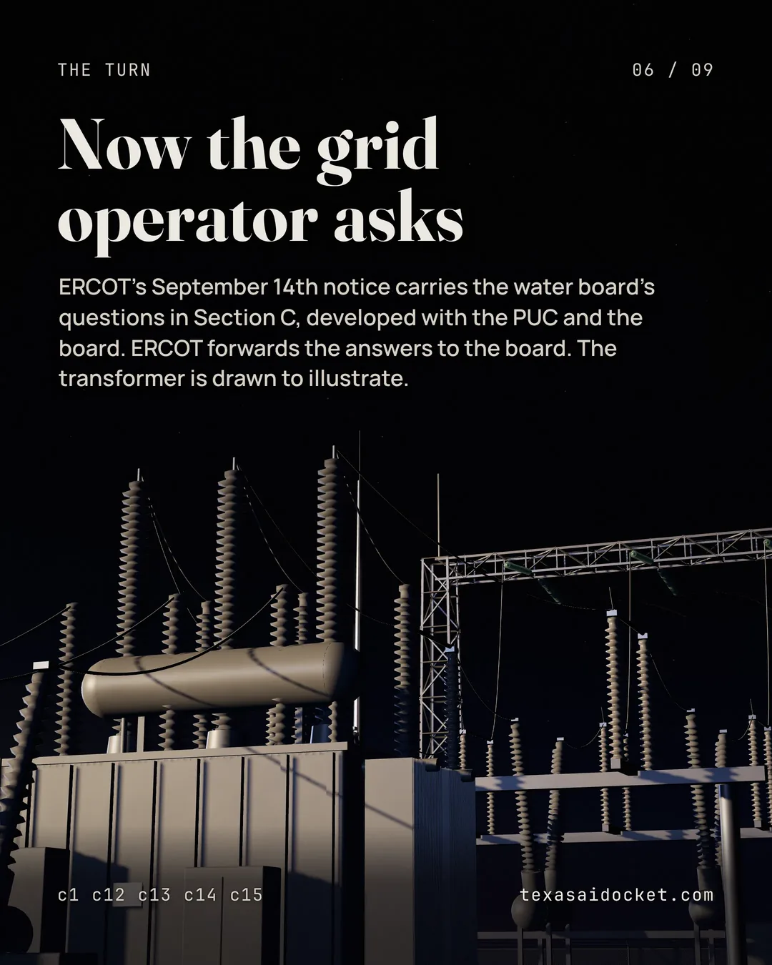 ERCOT's September 14th notice carries the water board's questions in Section C, developed with the PUC and the board. ERCOT forwards the answers to the board. The transformer is drawn to illustrate.