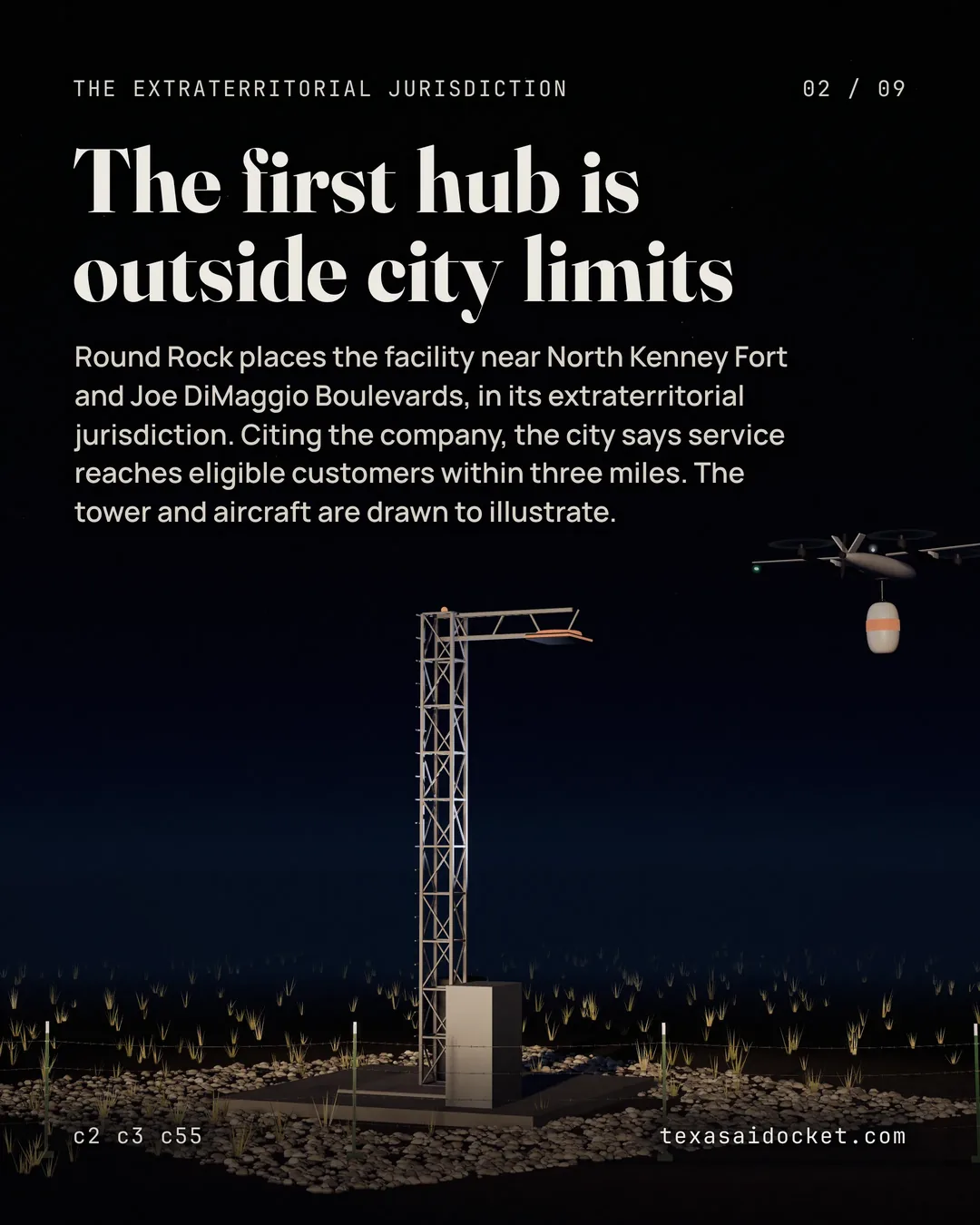 Round Rock places the facility near North Kenney Fort and Joe DiMaggio Boulevards, in its extraterritorial jurisdiction. Citing the company, the city says service reaches eligible customers within three miles. The tower and aircraft are drawn to illustrate.