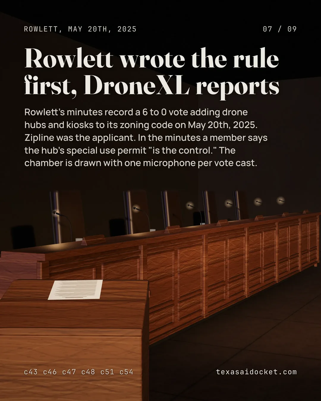 Rowlett's minutes record a 6 to 0 vote adding drone hubs and kiosks to its zoning code on May 20th, 2025. Zipline was the applicant. In the minutes a member says the hub's special use permit "is the control." The chamber is drawn with one microphone per vote cast.