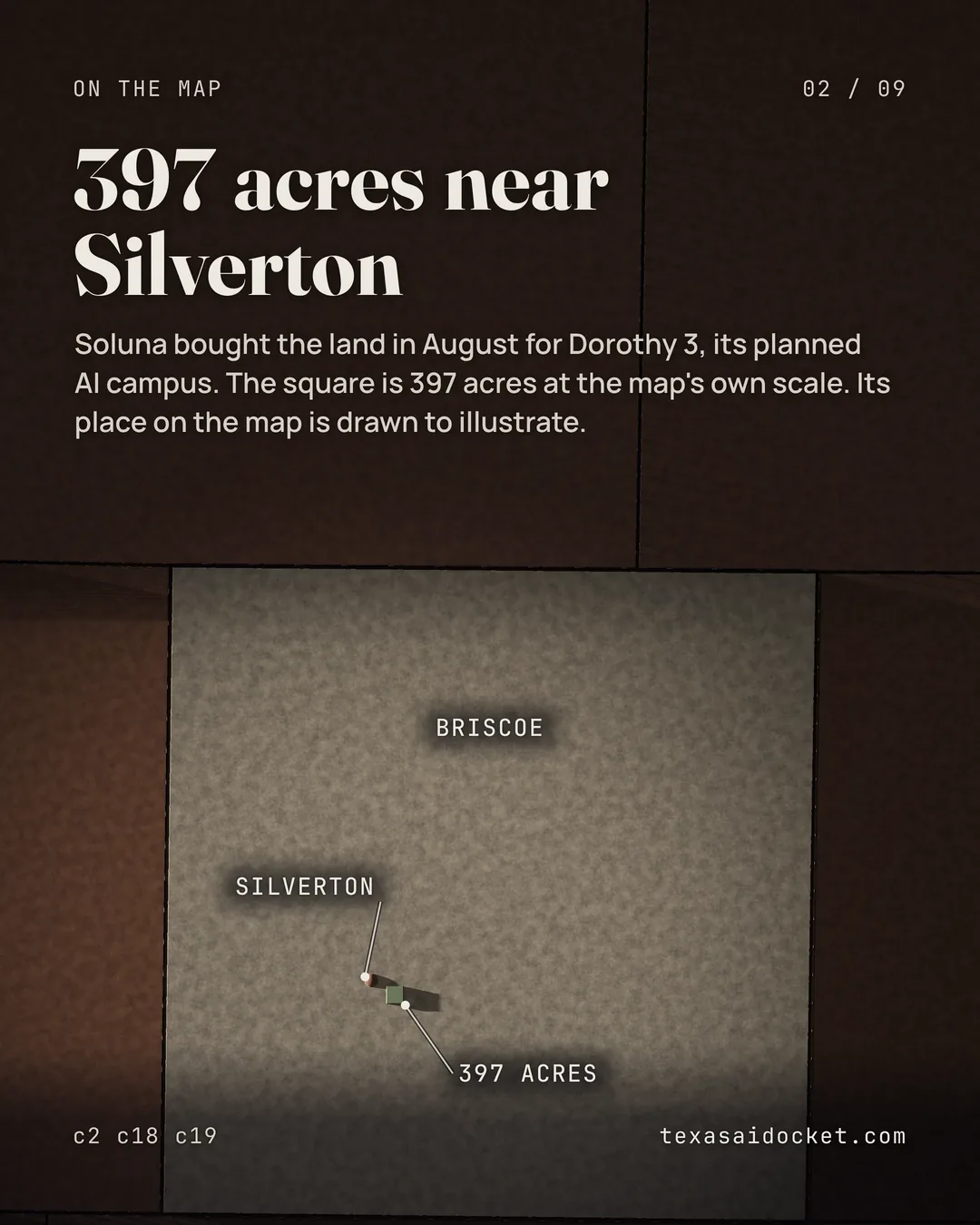 Soluna bought the land in August for Dorothy 3, its planned AI campus. The square is 397 acres at the map's own scale. Its place on the map is drawn to illustrate.