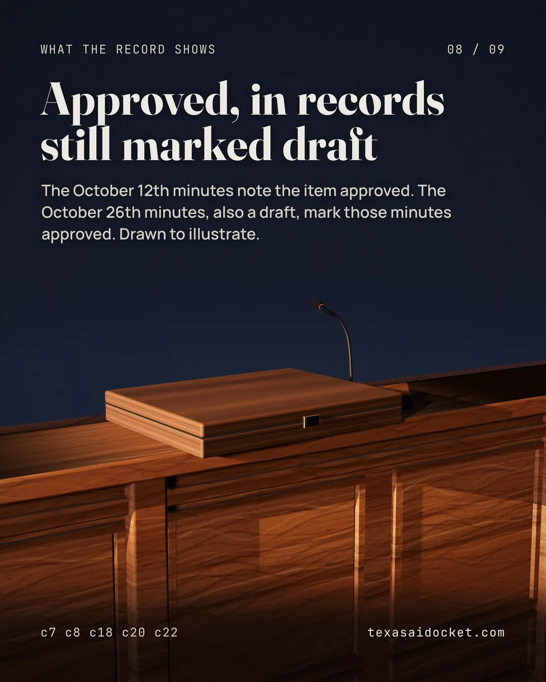 The October 12th minutes note the item approved. The October 26th minutes, also a draft, mark those minutes approved. Drawn to illustrate.