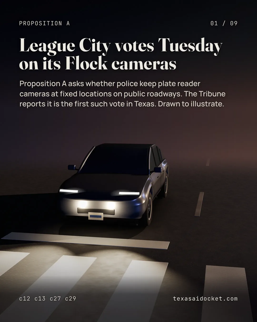 Proposition A asks whether police keep plate reader cameras at fixed locations on public roadways. The Tribune reports it is the first such vote in Texas. Drawn to illustrate.